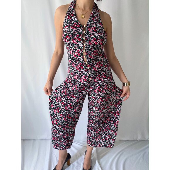 90s vintage red floral print summer halter flared pant button up jumpsuit romper - Picture 1 of 9